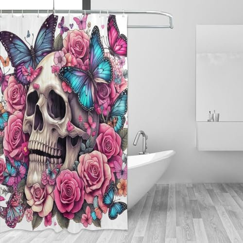 ZGDPBYF Tenda da doccia Horror Skull tenda da doccia impermeabile Sugar Skull & Roses farfalle tende da doccia con 12 ganci, 150 x 180 cm