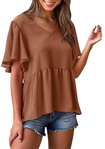 Womens Shirts Women's Long Sleeve Tops Fall Puff Tunic Tops Pleated Crew Neck T-Shirts Casual Loose Blouses with Smocked Cuffs Fitted Tops for Women UK Tee (Brown, L)