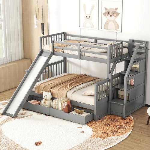 Kinderbett Etagenbett 90×200 & 140×200 mit Treppe, Hochbett Doppelbett Stockbett mit Rutsche und Stauraum Schubladen für 3 Kinder, Holzbett mit Rausfallschutz und Lattenrost, Ohne Matratze, Grau