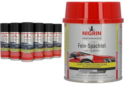 NIGRIN Lackspray, 6 x 400 ml, mattschwarzer Autolack & Performance Fein-Spachtel, härtet ohne Rissbildung, glättet Kratzer und Unebenheiten, 245 g inkl. 5 g Härter