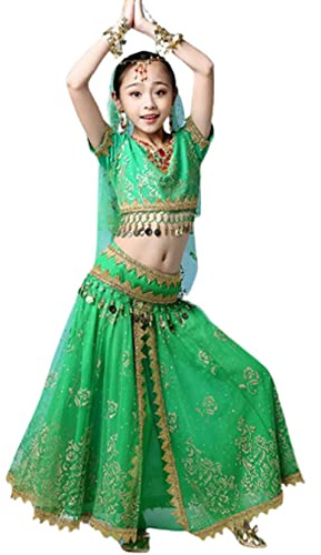 OTMYIGO Grün,L,5 stücke Mädchen Bauchtanz Performance Kostüm Kinder Party Indischen Tanz Kostüme Bollywood Karneval Kleider