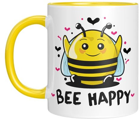 Tasse mit Spruch - Bee Happy - lustige Kaffeetasse - Kaffeebecher mit Motiv - witzige Biene - lustige Zeichnung - tolle Geschenkidee