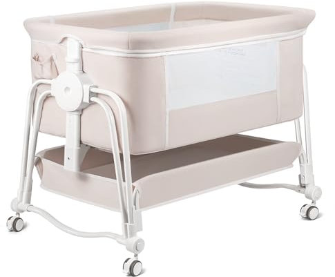 suihuooo 4 In 1 Baby Crib, Next to Me Crib, 7 Level Adjustable Bedside Bed for Baby with Wheels, Storage, Mosquito Net and Matress Included, Portable Cribs for Newborn Infant (Cream)