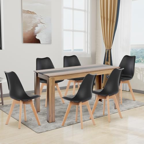 FURNITABLE Esstisch mit 6 Stühlen Esszimmergruppe, 6er Set Esszimmerstühle und 140CM Rechteckig Holztisch Essgruppe für Wohnzimmer Küche Büro (Walnuss-Schwarz Tisch+6 Schwarz Stühle)