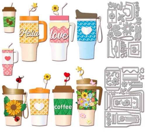 GLOBLELAND Kaffeetassen Strohhalm Papierpräge Stanzschablonen Set Sonnenblumenblüte Handwerk Stanzmaschine Schablonen Blumen Tassen Metall Stanzschablone Set für Kartenherstellung DIY Handgefertigtes