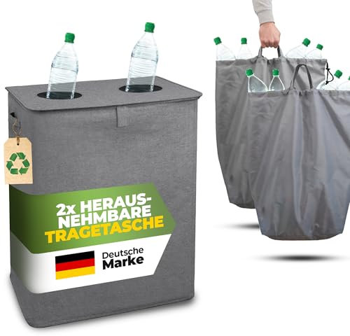 Cottara® Pfandflaschen Sammelbehälter 2 Fächer - Stabiler Flaschensammler Leergut Behälter 160L mit 2 Tragetaschen - Praktischer Pfandbehälter, Pfandsammler, Pfandflaschen Aufbewahrung grau