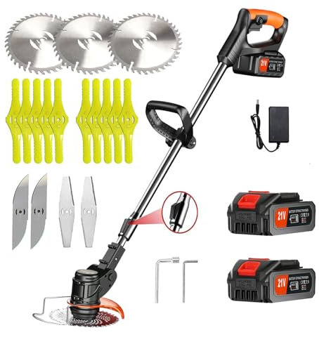 Cordless Strimmer 21V Grass Trimmer, Electric Cordless Strimmer,Garden Cordless Strimmer, Height Adjustable Grass Trimmer, Lightweight Lawn Mower,For Garden Clearing Weeds Trees,2 batteries (Black)