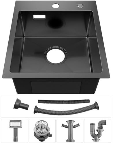 Sofetiy Lavello da cucina nero antracite 40 x 45 cm, con sifone, lavello da cucina in acciaio inox rettangolare per sottolavelli a partire da 40 cm di larghezza, lavandino da incasso, piccolo lavello