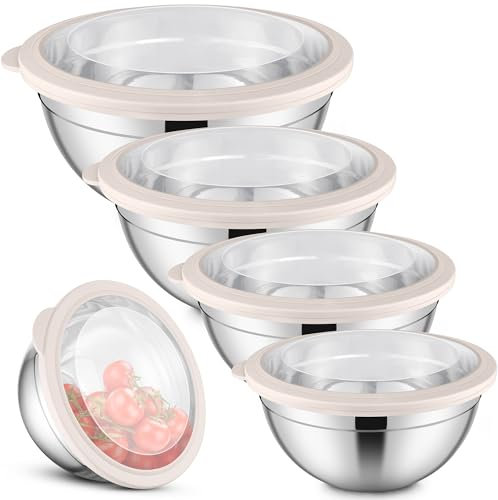Herogo Lot de 5 saladiers en acier inoxydable avec couvercle hermétique transparent, pour la pâtisserie, le service, 4,5 l, 2,7 l, 1,5 l, 1,2 l, 0,7 l, empilables, passent au lave-vaisselle, kaki