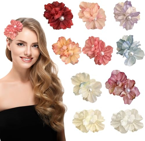 BSITSSS 10 Pieces Flower Hair Clips, Colorful Peony Pearls Hairpin, Artificial Flower Hair Pins for Women Girls Summer Hawaiian Beach Wedding Hairs Accessories