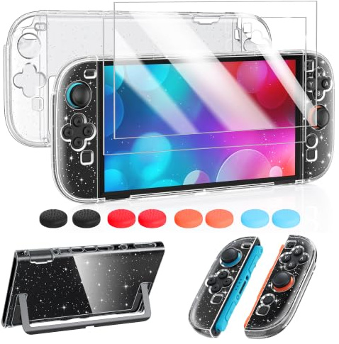 Paquete de Funda Protectora para Nintendo Switch 2 (2025), Purpurina | FYOUNG Carcasa rígida de policarbonato 3 en 1, protector de pantalla y agarres para el pulgar para una protección completa de