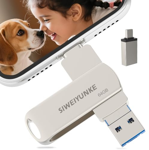 USB Stick 64GB für Phone, 4-in-1 Speicherstick, Photostick, Fotostick 3.0, Externer Speicher für Fotos und Videos, Schnelle Übertragung, Flash Drive für Handy/iOS/Android/Pad/Laptop/Pc, Silber