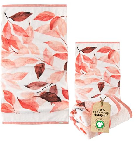 ZWOLTEX - Handtücher Premium Art Design - Pastel Leaf, Bedrucktes Handtuch Set: 50x100 und 70x140 cm, Badehandtuch aus 100% Organic Baumwolle 650g mit GOTS-Zertifikat, Weich und Saugfähig Towel