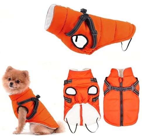 Manteau pour Chien Hiver Petite Taille, ZoneYan Imperméable Manteau Chien avec Harnais Réfléchissants et Réglable, Veste Chauds Chiens Vêtements, Gilet de Protection Contre pour Chiot (Orange, XS)
