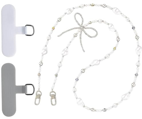 Qnvyw 120cm Handykette Perlen mit 2 Patches | Lange Handykette mit Perlen & Glitzer | Elegante Handyhülle mit Kette Alternative | Lang für Damen