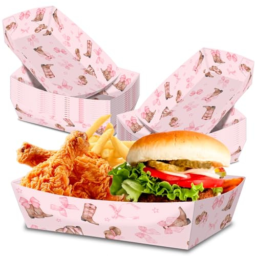 No Folding Required 50 Pack 2 Lb Western Cowgirl Party Favors Large Pink Bow Cowgirl Hat Boot Plates Paper Serving Trays Nachos Food Boats Disposable Bowls for Cowgirl Birthday Party Decorations