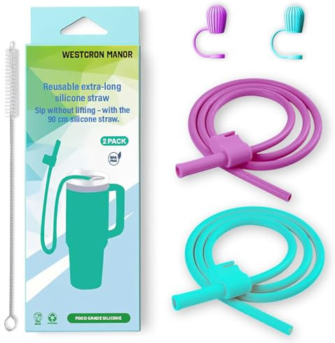 Extra Long 90cm Stanley Straw, Soft, Flexible and Adjustable. Food-Grade Silicone, Reusable with Cover Stanley Cup Accessories for 40 & 30 oz Tumblers, Ideal for Bedridden, Driving (Blue&Purple)