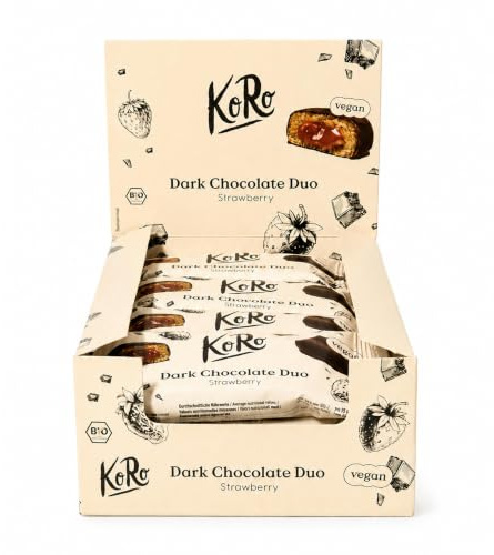 KoRo - Bio Dark Chocolate Duo Strawberry 12 x 2 x 20 g - Kurze Zutatenliste - 100% vegan - Mit Agavendicksaft & Dattelpaste gesüßt