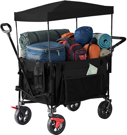 Relaxdays Bollerwagen, faltbar, 150 kg, Dach, Teleskop- & Schiebegriff, Gummireifen mit Bremse, Transportwagen, schwarz