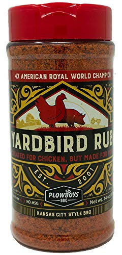 Plowboys BBQ Yardbird Rub, Award Winning Kansas City Style Seasoning for Chicken and Pork, Sweet and Savory Spice Blend with a Kick, Gluten Free, No MSG, 14 oz Bottle - Made in the USA