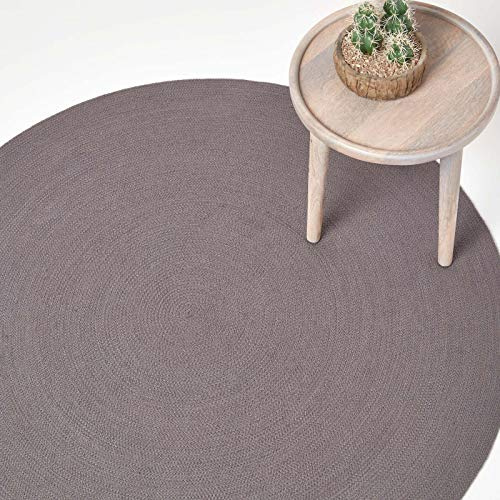 HOMESCAPES Dark Grey Handmade Braided Round Rug For Bedroom & Living Room Reversible Woven Cotton Circular Rug, 120 cm