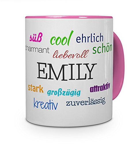 printplanet Tasse mit Namen Emily - Positive Eigenschaften von Emily - Namenstasse, Kaffeebecher, Mug, Becher, Kaffeetasse - Farbe Rosa