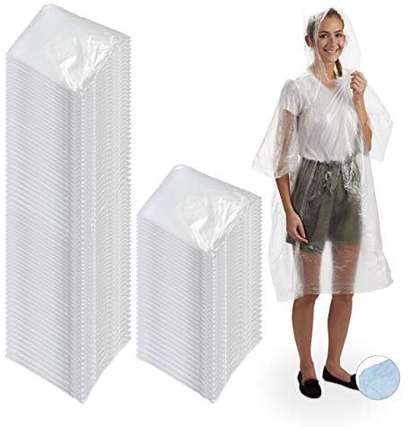 Relaxdays Ponchos imperméables jetables, Lot de 100, ciré avec Capuche, Contre la Pluie, randonnée, Unisexe, Transparent
