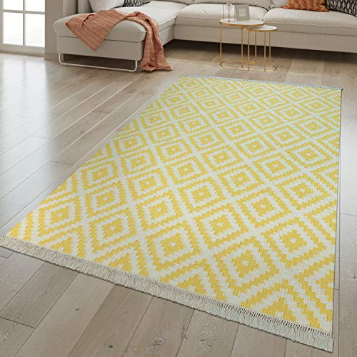 TT Home Handgewebter Fransen Trend Teppich | Moderne Marokkanische Muster | Gelb Weiß, Größe:80x150 cm