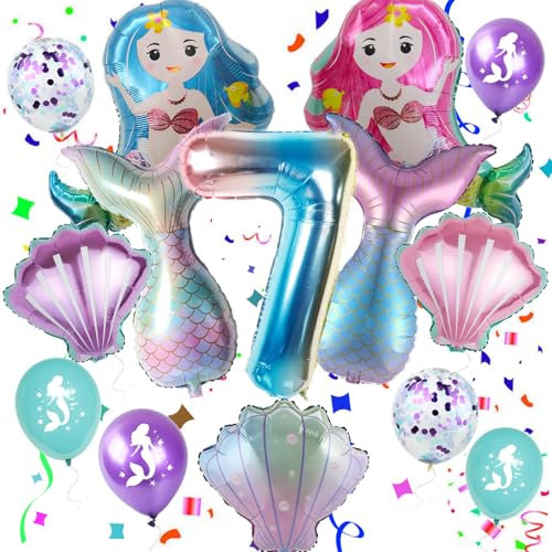 Haosell Meerjungfrau Großes Luftballon 7 Jahr Kindergeburtstag Deko Mädchen Bunt Meerjungfrau Ballon - 1x XXL Meerjungfrau Ballon+Zahl 7 Zahlen-Ballon +1 Schale Ballon + 4 x Konfetti-Ballon