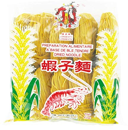LONGEVITY Nouilles chinoises fines à base d'oeufs saveur Crevette 454G (Lot de 2 sachets)