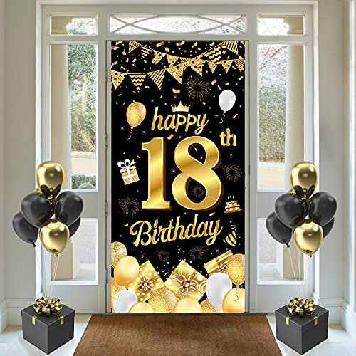 18th Birthday Banner, 18th Birthday Decorations, 18th Birthday Backdrop Black Gold, 18th Banners for Him, Birthday Door Banner for Boys and Girls Birthday Party Door Wall Decoration Photo Booth Props