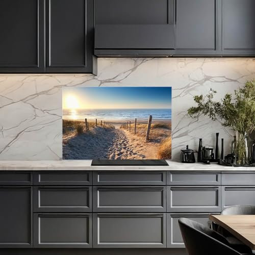 banjado Küchenrückwand Glas ohne Bohren 120x80cm – Glasrückwand Küche mit Motiv Nordseestrand/Spritzschutz Küchenrückwand Glas/selbstklebende Küchenrückwand Platte - magnetisch & beschreibbar