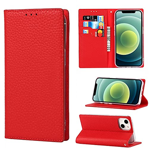 Copmob Case Compatible for iPhone 13 Mini,Premium Genuine Leather Flip Wallet Case,[3 Card Slots][Magnetic Closure][RFID-Blocking],Protective Case Cover for iPhone 13 Mini - Red
