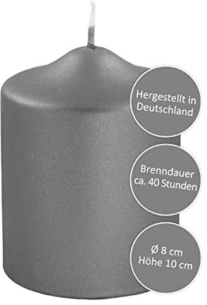 FINK Stumpen Kerze metallic grau - für Windlichte Laternen - Deko Silvester 2022 Kerze silber - Tischdeko - H 10 D 8 cm