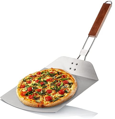 COM-FOUR® Pala para pizza de acero inoxidable 430 - elevador de pizza y pasteles con mango de madera - pala para pizza (plateado/negro - angular)