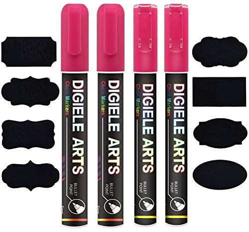 DIGIELE Kreidestift Rosa, 2 Kreidestifte 3mm + 2 Kreidemarker 6mm + 16 Tafel Labels, Trocken oder Feucht Abwischbare Flüssigkreide, Reversibel Stiftspitze für Whiteboard, Tafel, Fenster & Glas