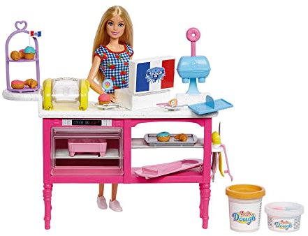 Barbie Malibu Roberts - Puppe und Spielset mit 18 Teilen zum Backen, inklusive formbarem Teig und Förmchen für Donuts, Croissants und Cupcakes, für Kinder ab 3 Jahren, HJY19