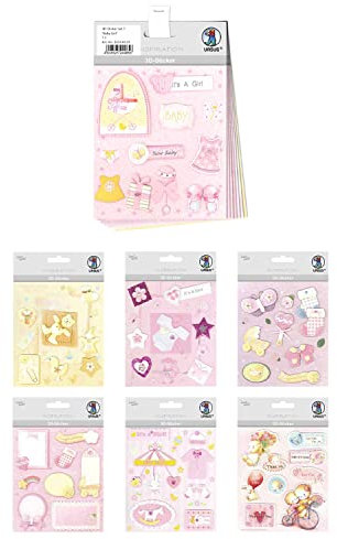 Ursus 56330007 - 3D-Sticker Set Baby Girl, Set mit 7 verschiedenfarbigen Stickerbogen, selbstklebend, leicht abziehbar, geeignet zur Kartengestaltung