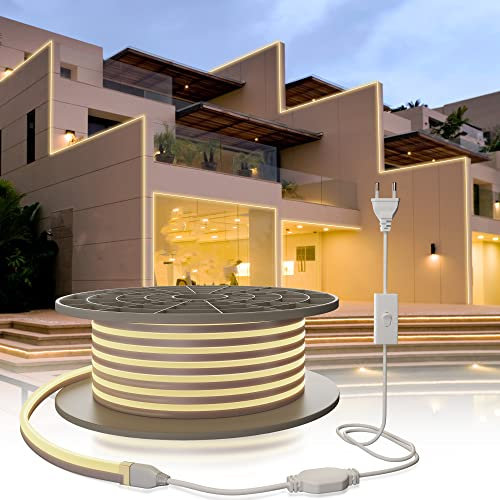 YOODI 30M Ruban LED, 220V Neutre Bandeau LED Lumineuse Flexible 120 LED/M, PVC Découpable Etanche IP65 Néons Bande pour Intérieur Extérieur Décoration, Inclus Adaptateur Secteur
