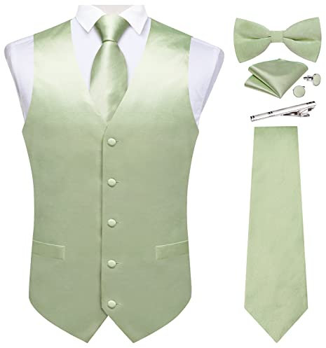 DiBanGu Anzugweste für Herren, Westen-Set mit Krawatte, Fliege, Krawattenklammer, Einstecktuch, Manschettenknöpfe, 6-teiliges Set, Salbeigrün, XXX-Large