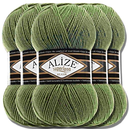 Alize 5 x 100g Superlana Klasik Türkische Premium Wolle Baumwolle und Acryl Uni Handstrickgarne Yarn Garn Strickgarn Einfarbig Baby zum Häkeln Stricken Strickgarn (Olive | 620)