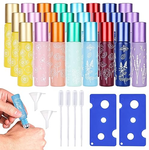 Bouteilles à Rouleaux D'huiles Essentielles - 24 Pièces 10ml En Verre Coloré, Rechargeable Avec Rouleau - Flacons Roll-On Vides