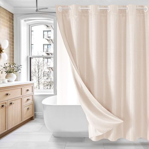 MitoVilla No Hooks Needed Pink Waffle Shower Curtain Liner Set, Modern Waffle Weave Heavy Duty Fabric Cloth Shower Curtain with Snap-in Liner for Luxury Neutral Hotel Spa Bathroom Decor, 72 x 74