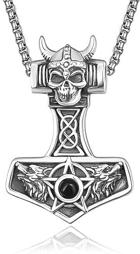 KINGWHYTE Viking Wolf Thor Hammer Necklace 925 Sterling Silver Skull Talisman Necklace Vintage Norse Mjolnir Amulet Pendant for Men Women