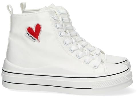 shoes&blues.es 75423-Zapatilla Abotinada para Mujer, Comoda, Detalle de Corazon Bordado, Material de Lona, y Cierre de Cordones. Talla 39 Blanco
