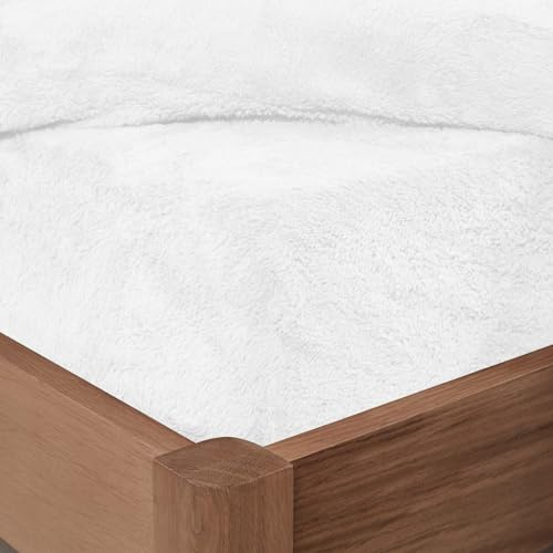 Brentfords White Super King Teddy Fleece Fitted Sheet, Superking Fitted Sheet Bed Cover Thermal Bedding Fade Resistant Ultra Soft Easy Care Winter Bedding