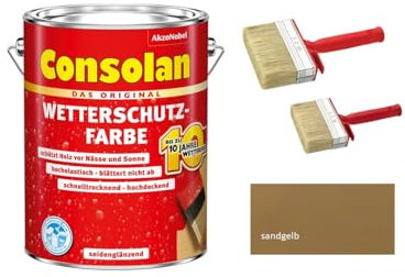 Sanitärshop Baustoffe & Sanitär Consolan Wetterschutzfarbe hockdeckende Holzfarbe inkl. 2 Flächenstreichern (sandgelb, 2,5 Liters)