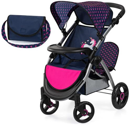Bayer Design 39454AA Zwillingspuppenwagen, Puppenwagen, Geschwisterwagen, höhenverstellbar, klappbar, Tasche, Blau, Rosa, Einhorn