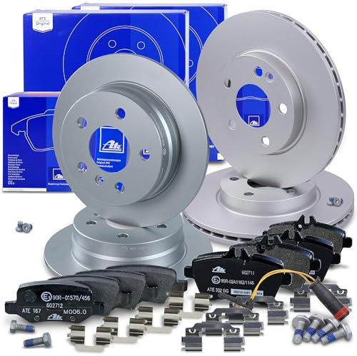 ATE Bremsenset inkl. Bremsscheiben vorne Ø 276 mm belüftet + hinten Ø 258 mm voll und Bremsbeläge vorne + hinten und Verschleißkontakt Kompatibel mit MERCEDES A-Klasse (W169), B-Klasse (W245)