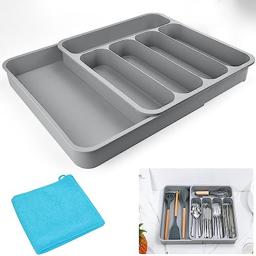 KARBAG Expandable Cutlery Drawer Organiser, Adjustable Utensil Tray Kitchen Drawer Organiser Silverware and Flatware Holder Compact Drawer Divider with Cleaning Cloth for Knives, Forks, Spoons (Grey)